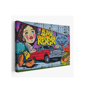 Grafiti İle Yapilmiş Retro Kırmızı Araba Kanvas Tablo-5027