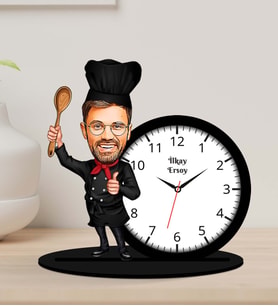Kişiye Özel Bay Masterchef Aşçı Karikatür Ahşap Biblo Masa Saati