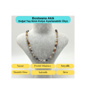 SERTİFİKALI Bostwana Akik Doğal Taş 6mm Makrome Kolye 45cm- 55cm Ayarlanabilir Ölçü