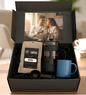 Kişiye Özel Premium Fotoğraflı Kahve Hediye Kutusu Seti - French Press, Mat Mavi Kupa ve Premium Kenya Kahvesi