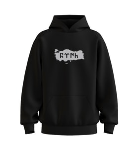 Oversize 'TÜRK' Baskılı Kapşonlu Hoodie Sweatshirt (Siyah)