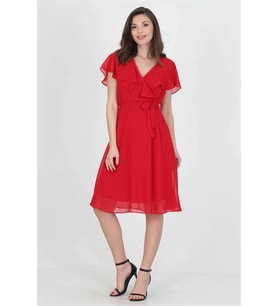 Neşeli butik kadın midi boy yeni sezon kruvaze yaka melek kol şifon elbise RY8081 (Kırmızı)