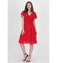 Neşeli butik kadın midi boy yeni sezon kruvaze yaka melek kol şifon elbise RY8081 (Kırmızı)
