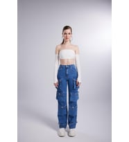 Yüksek Bel Wide Leg  Cargo Jean Pantolon Mavi