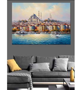 İstanbul Camii Ve Şehir Silüeti Dekoratif Kanvas - Mdf Ahşap Tablo