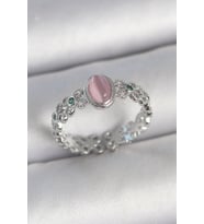 Pirinç Gümüş Renk Zirkon Taş Detaylı Pembe Mineli Damla Model Ayarlanabilir Kadın Yüzük TJ-BYK3724