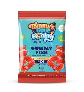 Tommy’s Gone Fishing Bitki Bazlı Çilekli Gummy Fish – Sağlıklı ve Lezzetli Vegan Atıştırmalık 128 g