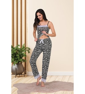 Kadın Zebra Desenli Pamuklu Likralı Siyah Renkli Askılı Dantel Detaylı Pijama Takımı 28456