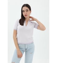 İnce Çizgili Polo Yaka Triko Kazak - Lila