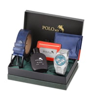 Polo Air Erkek Kol Saati Cüzdan Kemer Kartlık Parfüm Set Kombin Lacivert Gümüş Renk PL-0999E2 (Mavi-Gümüş)
