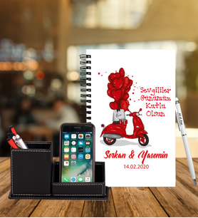 Sevgililer Gününe Özel Ahşap Defter Kalem & Deri Kaplama Kalemlik Hediye Seti 12