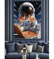 Renkli Pizza Yiyen Astronot Dekoratif Kanvas - Mdf Ahşap Tablo