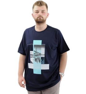 Mode XL Battal Beden Erkek Pamuklu T-Shirt Yumuşak Dokulu Baskılı FRANCISCO U24086 Lacivert