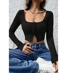Kadın Siyah Uzun Kollu Agraflı Göğüs ve Göbek Dekolteli Crop Top Bluz