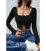 Kadın Siyah Uzun Kollu Agraflı Göğüs ve Göbek Dekolteli Crop Top Bluz