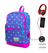 Coral High Kids Lavanta Pembe Kalp Desenli Dört Bölmeli USB Şarjlı Kulaklık Çıkışlı Okul Sırt Çantası 23806