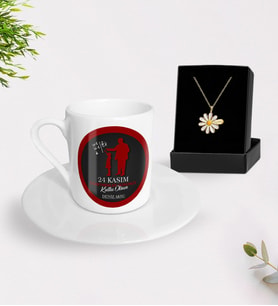 BK Gift Kişiye Özel Öğretmenler Günü Türk Kahvesi Fincanı ve İsimli Papatya Kolye Hediye Seti- 11, Öğretmene Hediye, Öğretmenler Günü