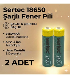 Sertec 18650 1C Şarjlı Pil 2450mAh Çıkıntılı Başlıklı Fener Pili 3.7V Li-ion 2li