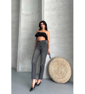 Mom fit enzim taş yıkama jeans pantolon füme d2006