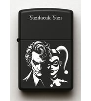 Joker ve Harley Quinn Desenli Kişiye Özel İsimli Siyah Benzinli Metal Çakmak