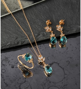 925 Ayar Gümüş Oval Aquamarine Taş Model Lotus Takı Seti