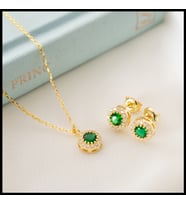 925 Ayar Gümüş Mayıs Ayı Doğum Taşı ( Emerald ) Kolye - Küpe Seti
