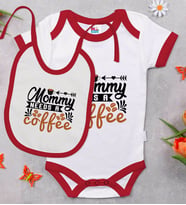 BK Kids Mommy Needs a Coffe Tasarımlı Kırmızı Bebek Body Zıbın ve Mama Önlüğü Hediye Seti-1