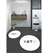 EVDEYA Dijital Yıkanabilir Renkli Bath Yazılı İkili Yuvarlak Banyo Paspası Klozet Takımı, YKLOZET-8-BEYAZ, (Beyaz)