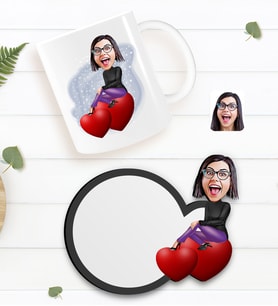 BK Gift Kişiye Özel Kadın Karikatürlü Beyaz Kupa ve Ahşap Bardak Altlığı Hediye Seti-2