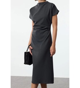 Moda Stil Regular Degaje Yaka Midi Boy A Kesim Krep Dokuma Elbise (Antrasit)