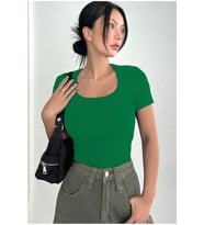 Rooted-Kadın Kare Yaka T-shirt & Bluz , Likralı Fitilli Kaşkorse Kumaş