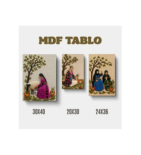Teşi Geyik ve Koyun Kadın Nakış Görselli Tasarımlı Motifli Duvar Dekoratif Mdf Ahşap Retro Poster Tablo