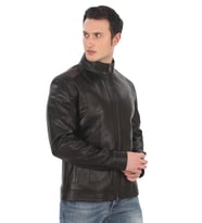 Erkek Hakiki Kuzu Derisi Mont Slim Fit Siyah Biker Ceket Fermuarlı Dik Yaka Deri Dış Giyim
