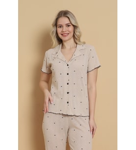 Mirano 1712 Minik Kalp Desenli Pointel İnce Kumaş Düğmeli Kısa Kollu Kadın Pijama Takımı