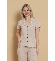 Mirano 1712 Minik Kalp Desenli Pointel İnce Kumaş Düğmeli Kısa Kollu Kadın Pijama Takımı