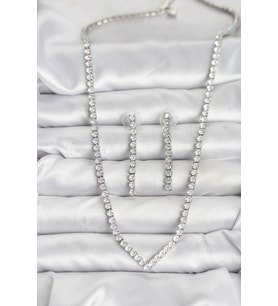 Gümüş Renk Zirkon Taşlı Kadın Kolye Küpe Seti - TJ-BKO10638