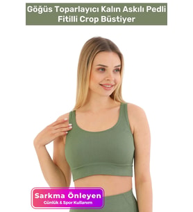 Özel Üretim Göğüs Toparlayıcı Sarkma Önleyen Spor Günlük Kalın Askılı Pedli Fitilli Crop Büstiyer (Yeşil)
