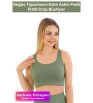 Özel Üretim Göğüs Toparlayıcı Sarkma Önleyen Spor Günlük Kalın Askılı Pedli Fitilli Crop Büstiyer (Yeşil)