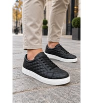 Egitserp Bağcıklı Cilt Kapitone Desenli Erkek Günlük Sneaker Ayakkabı - Siyah