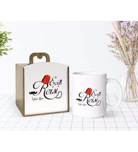 BK Gift Kişiye Özel Ahşap Kutuda Evin Reisi Tasarımlı Beyaz Kupa Bardak-1