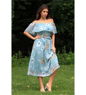 Neşeli butik kadın mint yeşili kuşaklı çiçekli yazlık şifon elbise NB100371