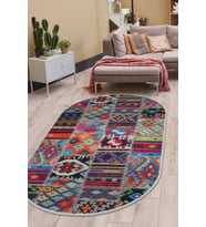 Dijidekor Halı Çok Renkli 9010 Yıkanabilir Oval Kesme İnce Yolluk Kilim Salon Halısı Modelleri (Çok Renkli-Multı)