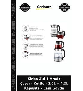Özel Üretim Şık Mavi Led Işıklı Sinbo 2'si 1 Arada Çaycı Kettle 20L + 12L Kapasite Cam Gövde