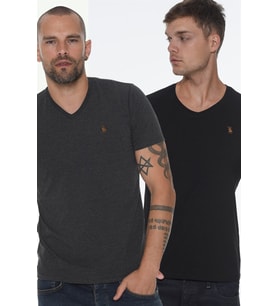 Dewberry Erkek Pamuklu V Yaka Tişört 2'li Set Siyah-Antrasit T8568 Günlük Giyim, T-Shirt, Hafta Sonu Kombini