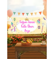 Kişiye Özel Prenses İsimli Doğum Günü Pankartı, Doğum Günü Afişi, Kız Çocuk, Bebek İyi ki Doğdun Banner 50x150cm (Krem)