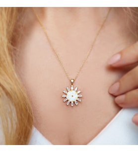 Vaoov 925 Ayar Gümüş Sedef Çiçekli Taşlı Hediye Kolye (Gold)