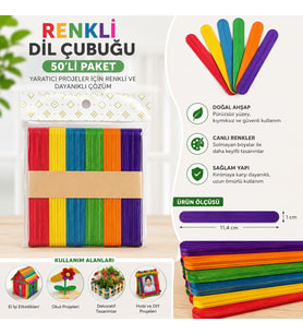 50’Li Renkli Dil Çubuğu Ahşap Hobi Çubuğu El İşi Okul Proje Diy Etkinlik Çubukları