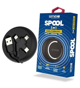Simex Universal Android Micro / Type C / İphone Lightning Data-Hızlı Şarj Kablosu SPK-07 Spool 3in1 Makarali Siyah