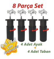 4 Adet Destek Ayağı 9,5-14,5 cm Siyah ve 4 Adet Metal Düz Ayak Tabanı M8 Civatalı İnce Diş Mobilya Kanepe Baza Koltuk Seti