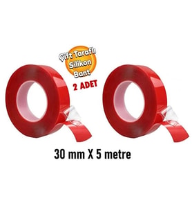 2 Adet Çift Taraflı Güçlü Silikonlu Şeffaf Bant 30 Mm X 5 Metre